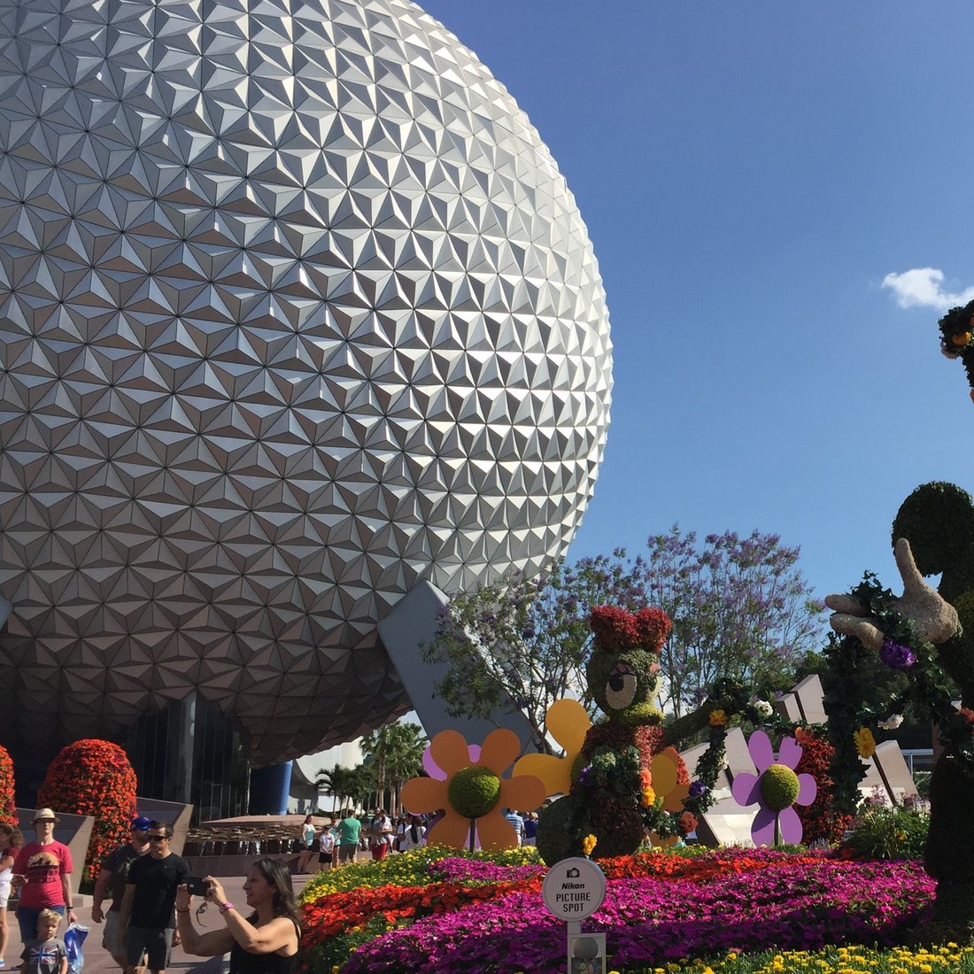 Spaceship Earth against a blue sky at EPCOT, Walt Disney World